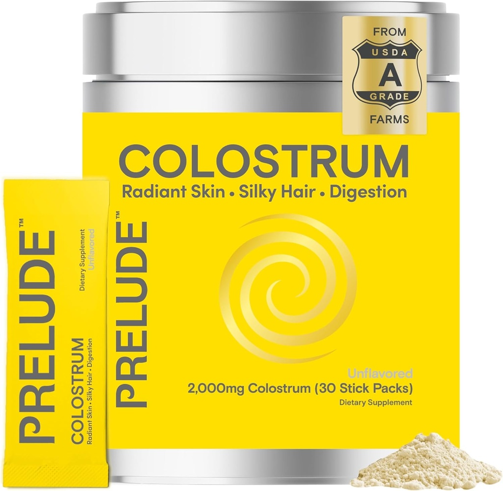 Prelude Bovine Colostrum Supplement - Grassfed Colostrum Powder Sticks for Gut Health, Immunity & Overall Wellness - Colostrum Aids Hair, Skin & Digestive Health for Women & Men - Made in USA