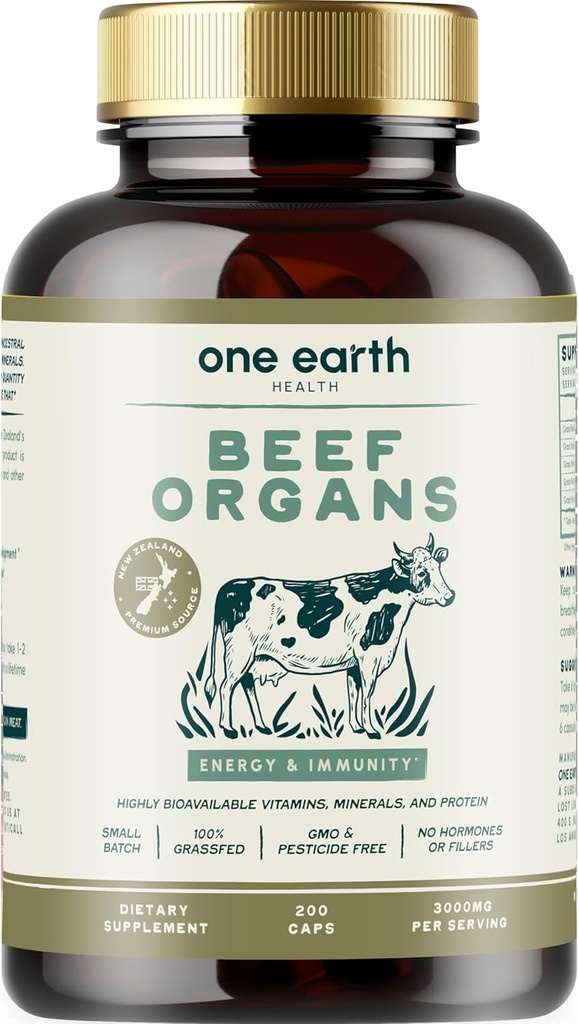 One Earth Health New Zealand 100% Grass Fed Beef Organs – (200 Count, 3,000mg Serving) Liver, Heart, Kidney, Pancreas, Spleen Supplement. Organ Meat Complex sourced from New Zealand