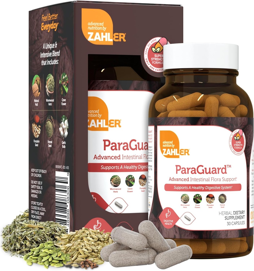 Zahler - ParaGuard Capsules - Gut Health Supplement - Formula has Wormwood, Bulbe d'ail, Graines de citrouille, Clove et plus - Soutien naturel pour les humains - Certifié Kosher 30 Comte