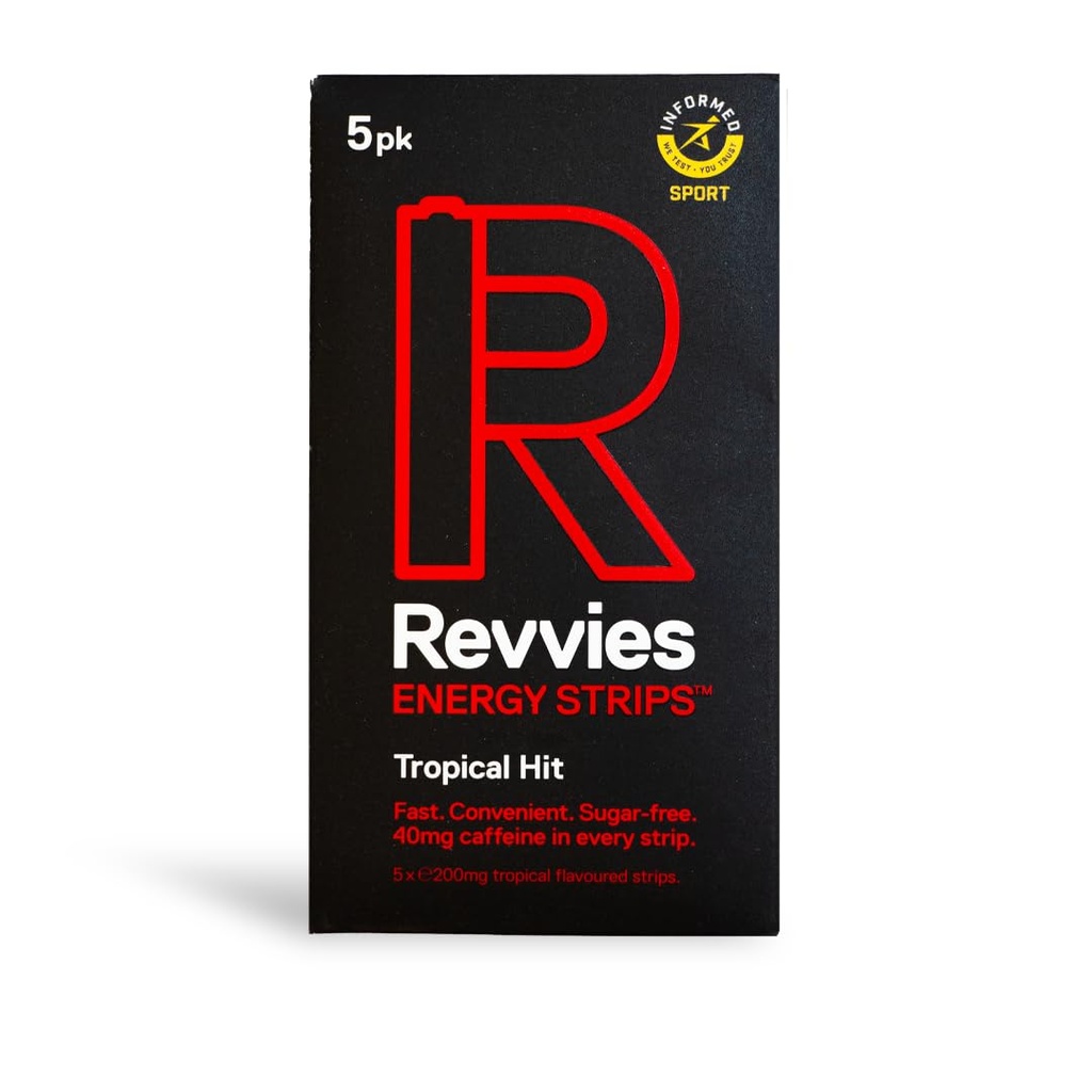 Revvies Energy Strips (Strips) Tropical Hit (Strips) 50 Strips (Strips) 40mg Caffeine Strip (Strips) 2 Strip = Café/Boire d'énergie (Strips) Moins de 2 Calories (Strips) Vegan (Strips) 10 x 5PK