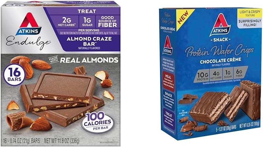Atkins Endulge Almond Craze Bar 16 Count & Chocolate Crème Protein Wafer Crisps 5 Count Bundle