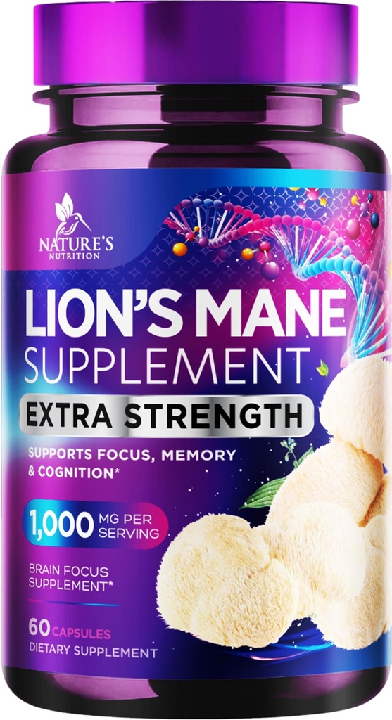 Lions Mane Mushroom Capsules 10 000mg - Lions Mane Supplément Capsules pour le soutien de la mémoire et de la concentration, Cerveau, Immuni Health Support, Vegan, mis en bouteille aux États-Unis, Lions Mane Mushroom Powder Extract, 60 Compte