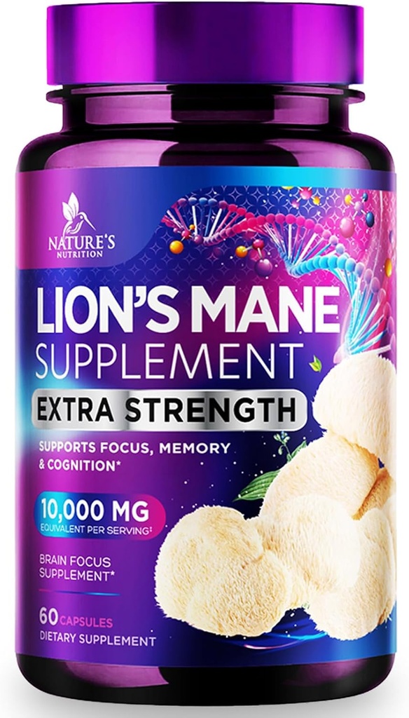 Lions Mane Mushroom Capsules 10 000mg - Lions Mane Supplément Capsules pour le soutien de la mémoire et de la concentration, Cerveau, Immuni Health Support, Vegan, mis en bouteille aux États-Unis, Lions Mane Mushroom Powder Extract, 60 Compte