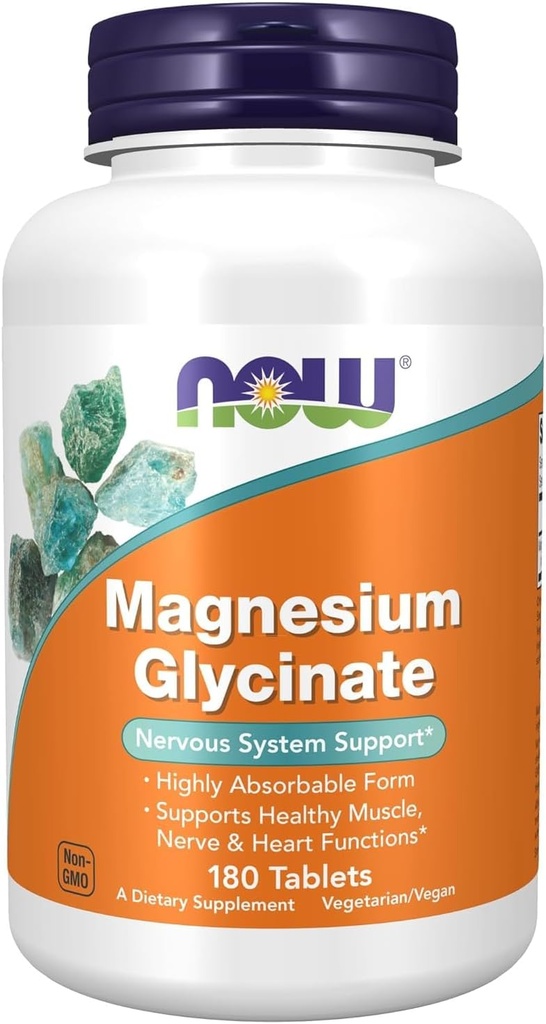 MAINTENANT compléments alimentaires, glycinate de magnésium 100 mg, forme hautement absorbante, 180 comprimés