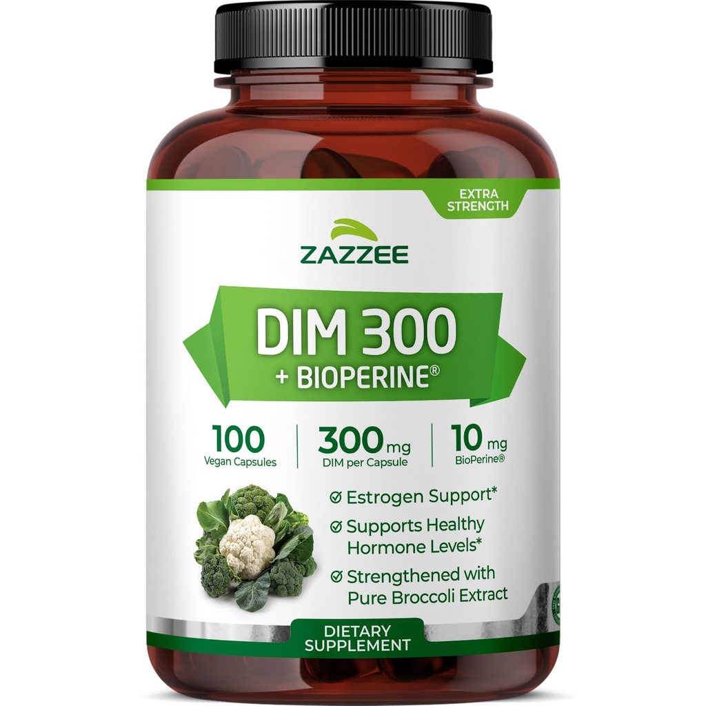 Zazzee DIM 300 mg Par Capsule, 100 Compte, Plus 10 mg BioPerine, Équilibre Estrogène, Acné hormonal, Soutien à la ménopause, Équilibre hormonal, Diindolylméthane, Vegan, All-Natural, Non-OGM, Fabriqué aux États-Unis
