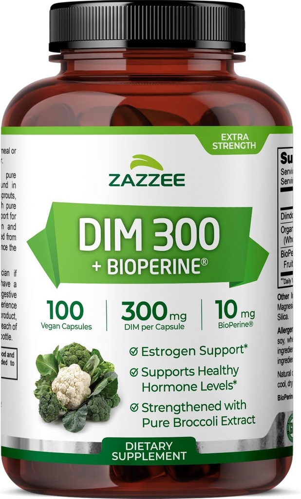 Zazzee DIM 300 mg Per Capsule, 100 Count, Plus 10 mg BioPerine, Estrogen Balance, Hormonal Acne, Menopause Support, Hormonal Balance, Diindolylmethane, Vegan, All-Natural, Non-GMO, Made in The USA