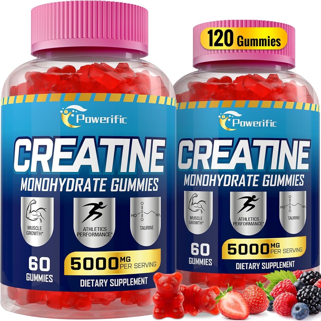 Gommies monohydratées de créatine pour hommes et femmes Gommies pré-entraînement avec Taurine, Vitamine B6 & B12 Monohydrate de créatine à croquer pour augmenter la force, l'énergie, l'endurance, le muscle, organique (2 paquets)