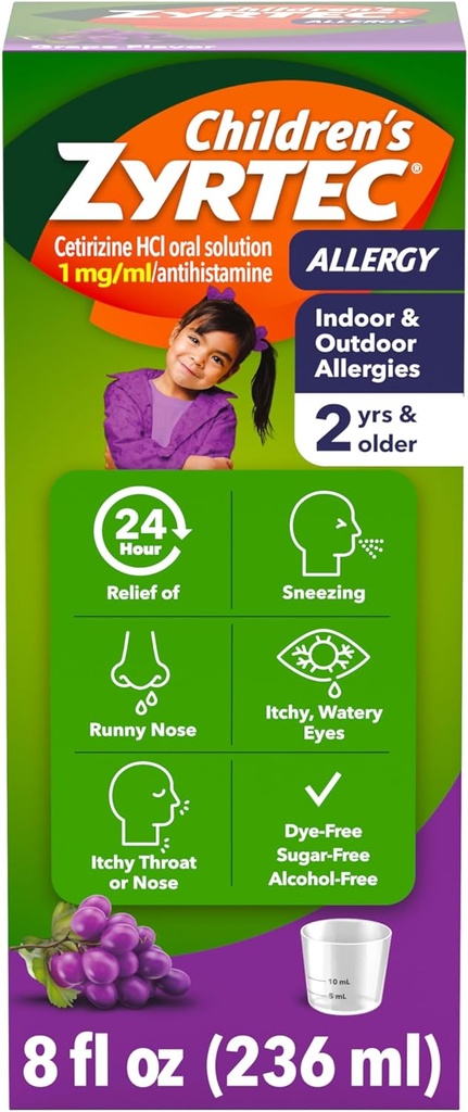 Children's Zyrtec 24 heures anti-allergie Sirop, 5 mg Cétirizine Hydrochloride Antihistamine, Enfants Allergie Médecine pour le soulagement d'allergie intérieur et extérieur, Sans colorant et sans sucre, Raisin, 8 fl. oz