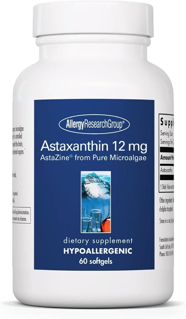 Allergy Research Group Astaxanthin 12mg Supplément - de microalgues organiques, santé des yeux, AstaZine Astaxanthin, antioxydant naturel, santé de la peau, soutien de la fonction cérébrale, softgels - 60 Compte