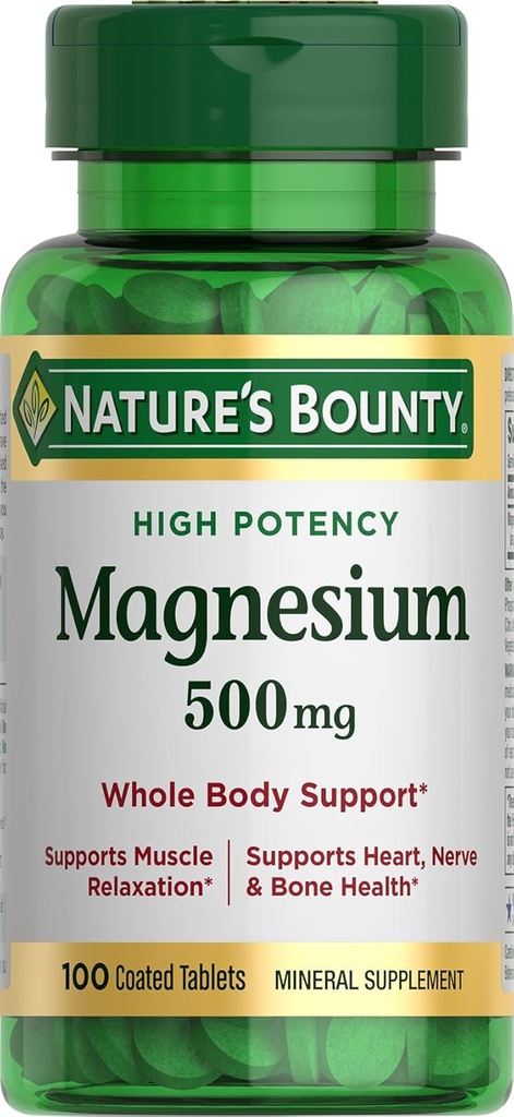 Nature's Bounty Magnésium, supplément minéral, soutient la santé osseuse et musculaire, 500 mg, comprimés enduits, 100 Compte