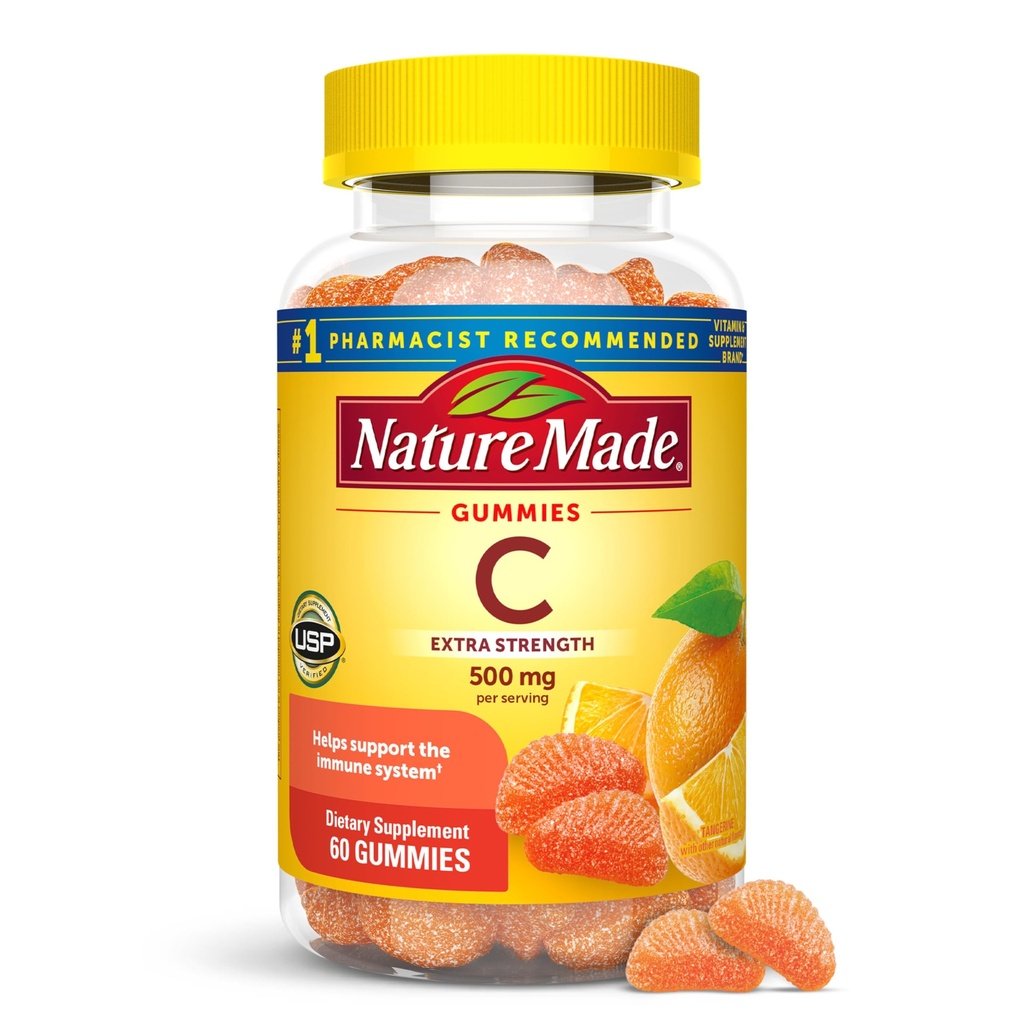 Nature Made Extra Strength Posologie Vitamine C 500 mg par portion, Supplément alimentaire, Gommies de vitamine C pour le soutien immunitaire, 60 Gommies, 30 jours d'approvisionnement