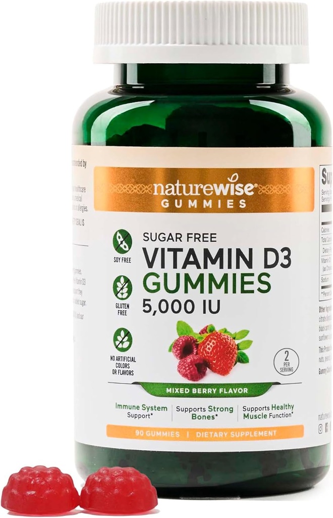 NatureWise Vitamine D3 5000 UI Gommies - Sans sucre mélange parfum de baie - Gommies de vitamine D pour adultes, soutient l'immunité, musculature et la force osseuse - sans gélatine, non-OGM - 90 Gommies[45 jours]