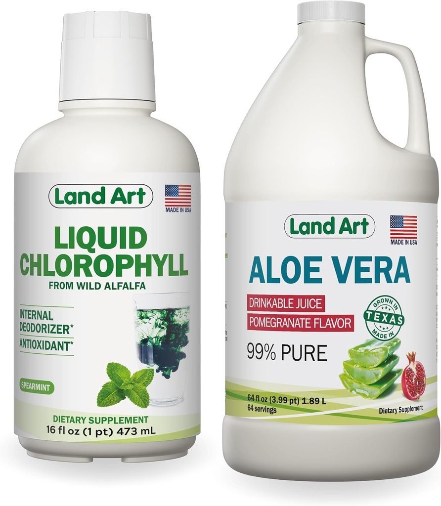 Art terrestre Jus d'Aloe Vera - Aromatisé à la grenade - Procédé à froid - Filet intérieur de feuilles fraîches organiques - 64floz + Aromatisé à la menthe de chlorophylle liquide - Extrait à froid de l'Alfalfa sauvage non-OGM - 16floz