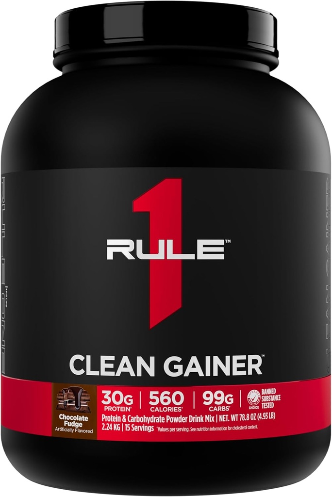 Rule 1 Clean Gainer - High-Protein Lean Gain Formula with 560 Calories, 30g of Full-Spectrum Protein, Over 90g Carbs, Under 6g of Fat (15 Servings, Chocolate Fudge)