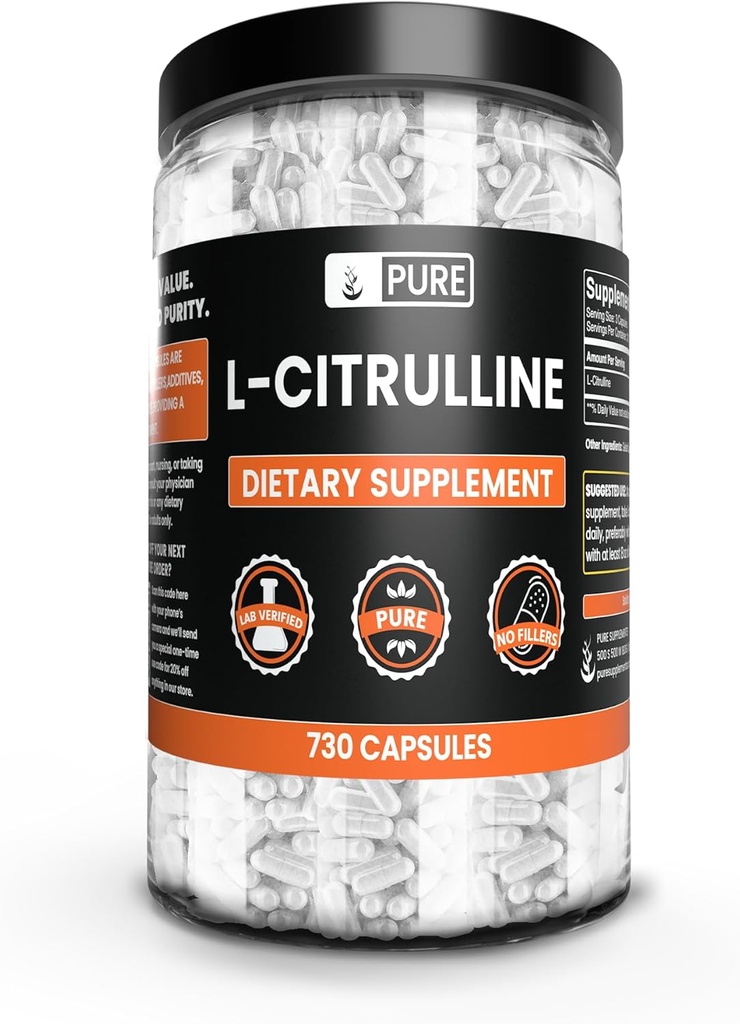 Ingrédients originaux purs L-Citrulline Non Magnésium ou Rice Fillers, Toujours pur, Verifié en laboratoire (730 Capsule)
