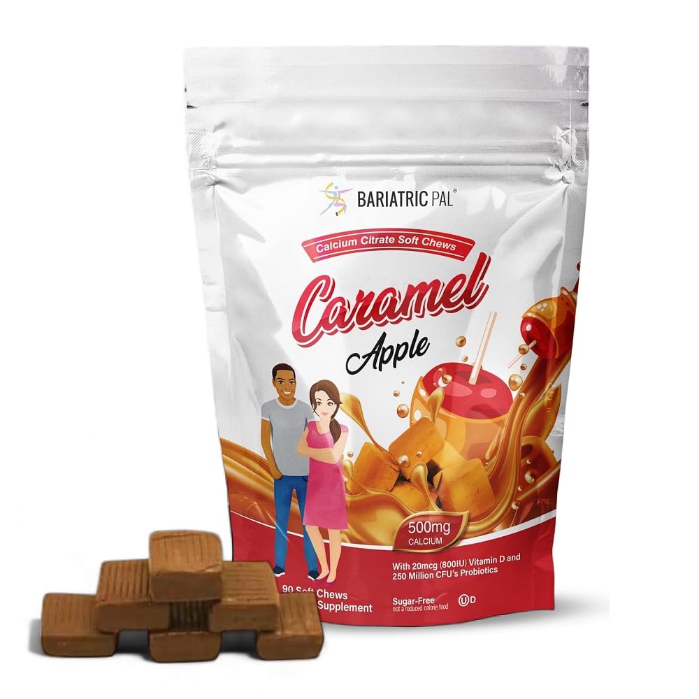 BariatricPal Calcium sans sucre Citrate doux Chews de 500mg avec vitamine D et probiotiques de pomme caramel de 90 Nombre (1 mois d'approvisionnement)
