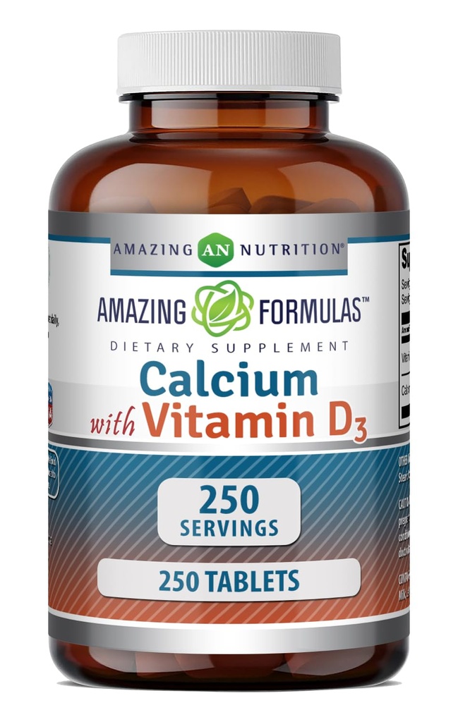 Formules étonnantes Calcium avec supplément de vitamine D3 (comprimés) Non-OGM (sans gluten) Fabriqué aux États-Unis (1 Pack, 250 Compte)