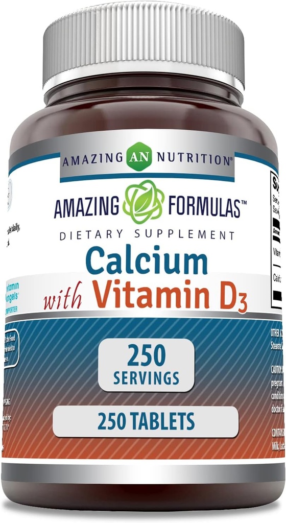 Formules étonnantes Calcium avec supplément de vitamine D3 (comprimés) Non-OGM (sans gluten) Fabriqué aux États-Unis (1 Pack, 250 Compte)