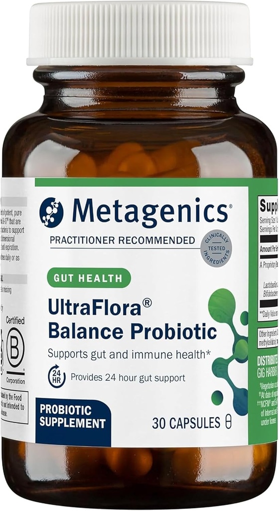 Métagène UltraFlora Balance Probiotic - Supplément de santé git quotidien stable pour le soutien digestif et immunitaire* - Non-OGM et sans gluten - 30 capsules
