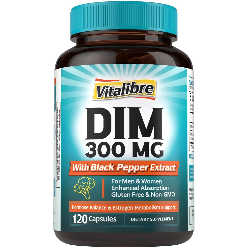Supplément DIM pour les femmes et les hommes, métabolisme estrogène, équilibre hormonal et soutien à la ménopause, DIM 300 mg avec extrait de poivre noir, absorption élevée, 120 capsules