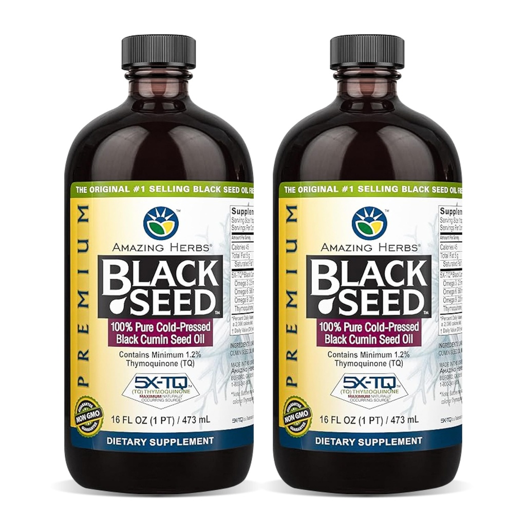 Amazing Herbs Premium Huile de Graine Noire - Sans gluten, sans OGM, Nigella pressée à froid Sativa aide à la santé digestive, le soutien immunitaire, la fonction cérébrale - 16 Fl Oz (paquet de 2)