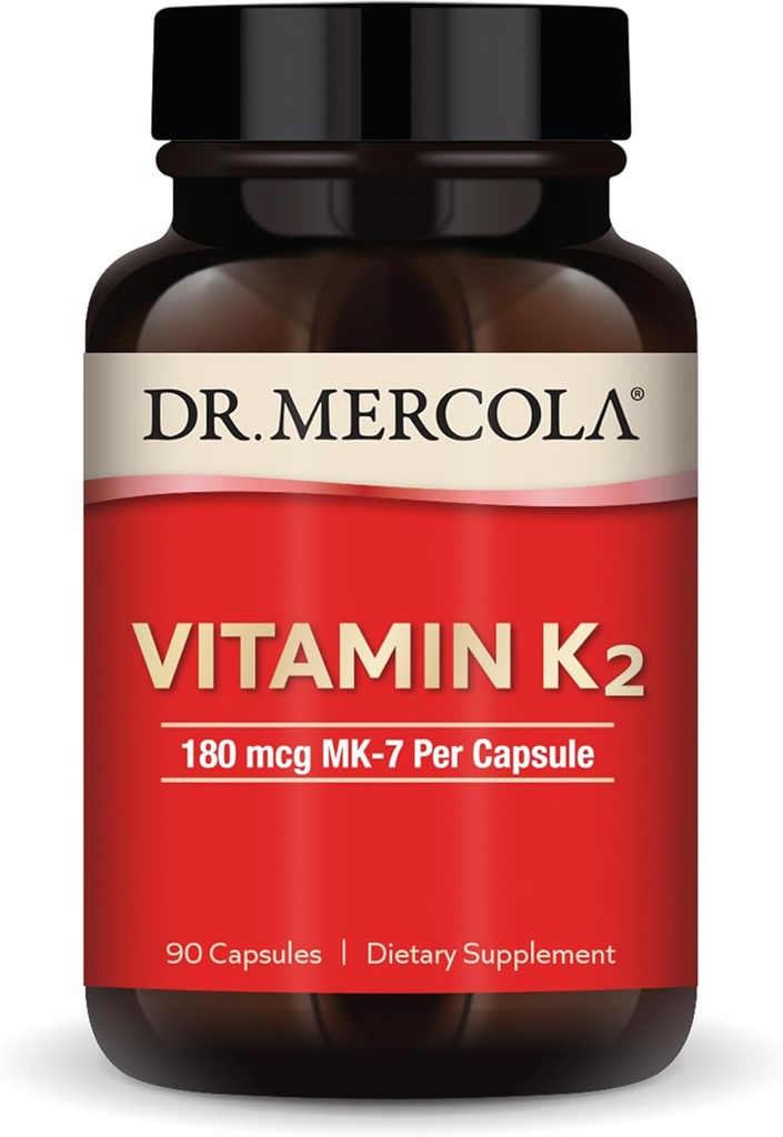 Dr Mercola Vitamine K2-180 mcg Vitamine K2 comme MK-7 - Soutient la santé artérielle et la santé cardiaque - Non-OGM, sans gluten et sans lait - 90 capsules (90 portions)