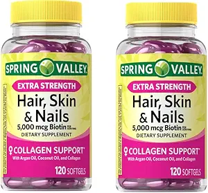 Anexa Spring Valley Extra Strength Biotin Cheveux, peau et ongles Supplément alimentaire, 5 000 mcg, 120 Compte (paquet de 2), 240 Compte (paquet de 1)