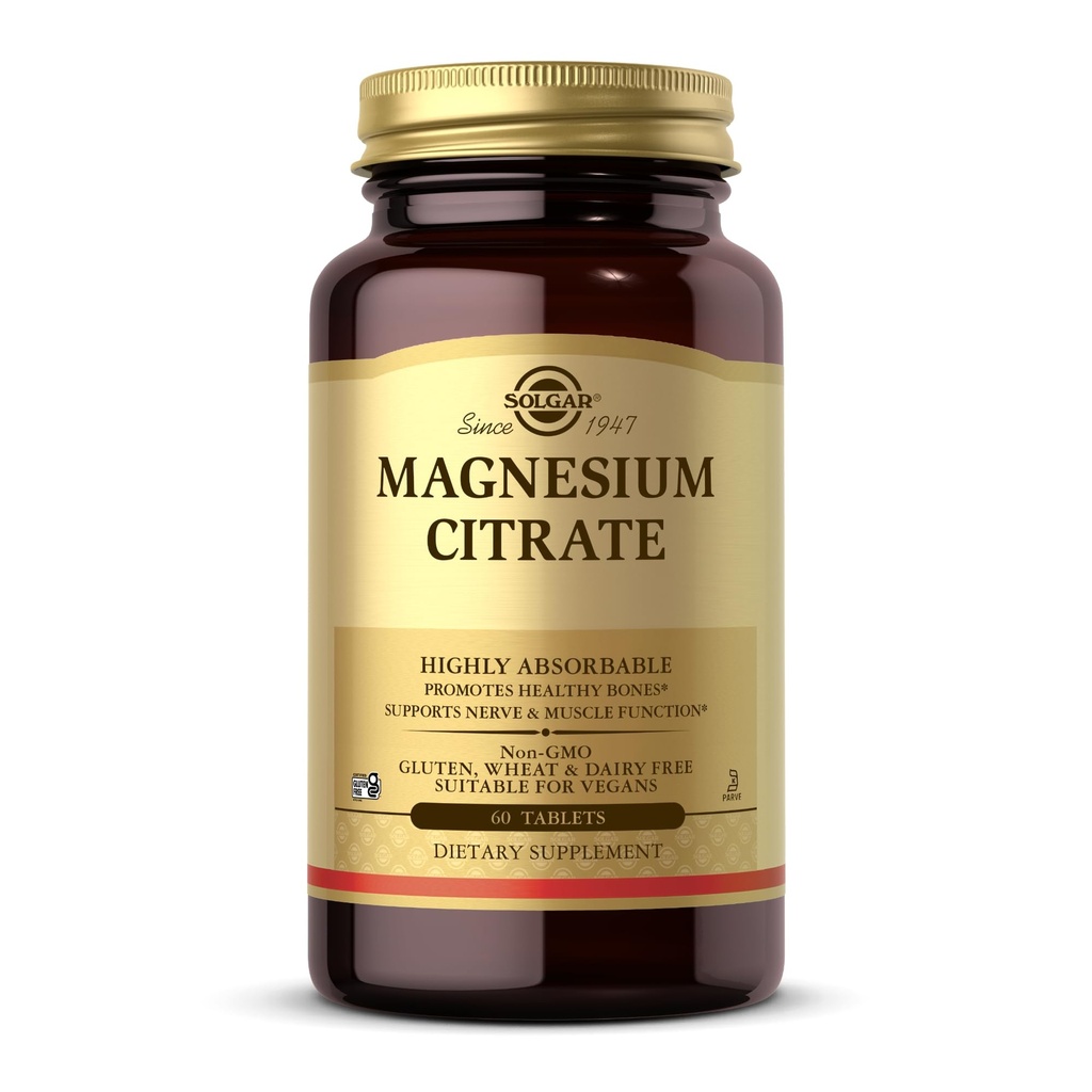 Citrate de magnésium de Solgar - 60 comprimés - favorise la santé des os, soutient la fonction nerveuse et musculaire - très absorbant - non-OGM, végétalien, sans gluten, casher - 30 portions