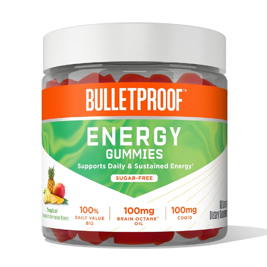 Gummies d'énergie tropicale sans sucre, 60 Compte, supplément pour l'énergie quotidienne et soutenue avec 100mg CoQ10, valeur quotidienne de B12, 100mg Brain Octane Oil