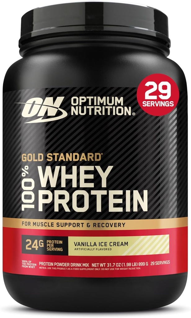 Optimum Nutrition Or Standard 100% poudre de protéines de lactosérum, crème glacée de vanille, 2 livres (emballage mai Vary)