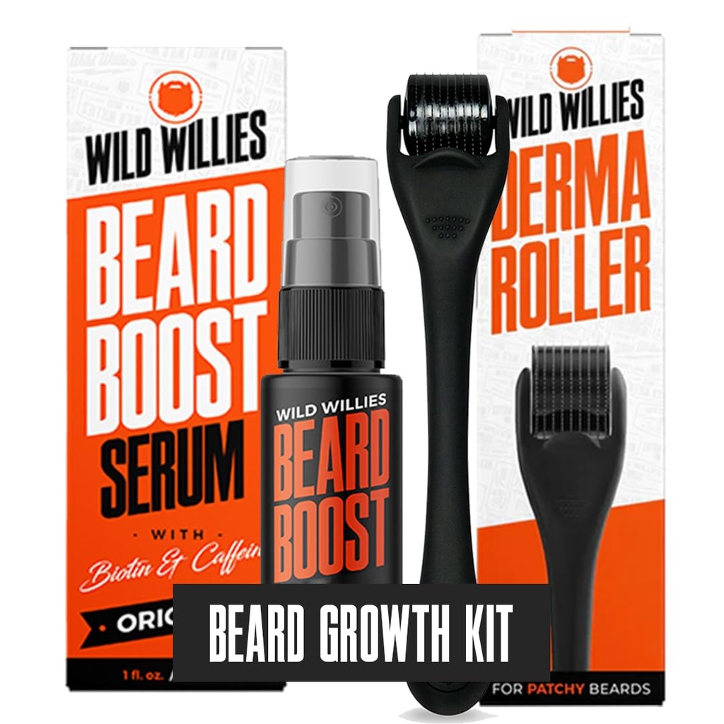 Wild Willies Beard Growth Kit - Serum Premium Derma Roller & Beard Boost - Serum Microneedle Roller & Beard Growth avec Biotine & Caféine pour Fuller Beard, Scalp Care - Kit facile à utiliser avec le cas