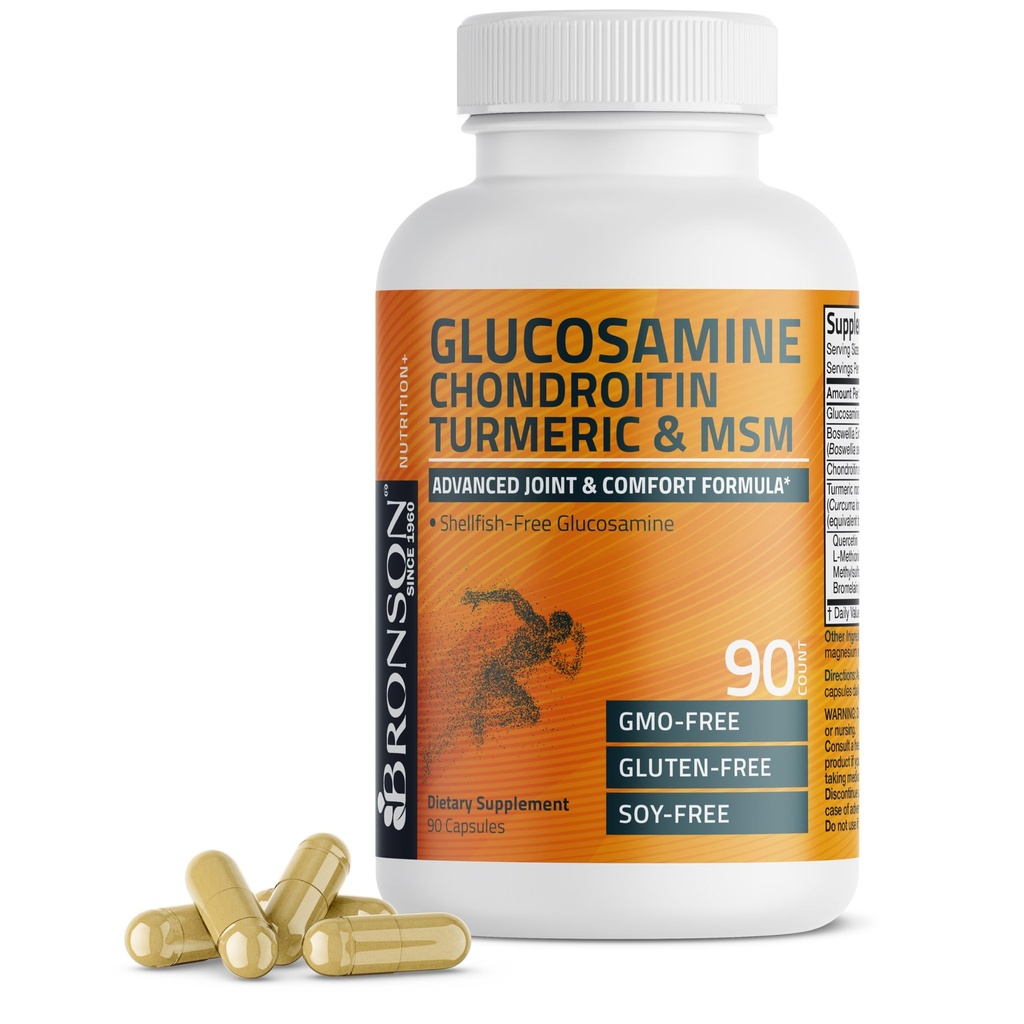 Bronson Glucosamine Chondritine Turmeric & MSM Advanced Joint & Cartilage Formule, soutient les articulations saines, la mobilité et le cartilage - Non-OGM, 90 Capsules