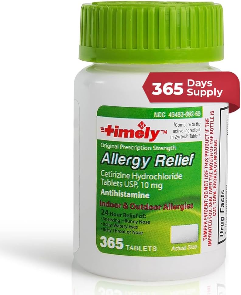 LABS TEMPORAIRE, INC. Timely Cétirizine HCl 10 Mg 365 Comprimés - 24 heures de soulagement de l'allergie de l'éternuement, du nez de runny, des yeux d'eau démangeaisons, de la gorge de démangeaison ou du nez