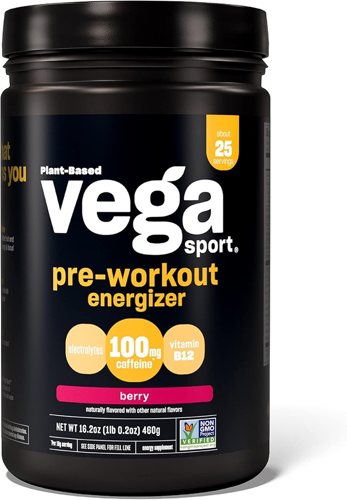 Vega Sport Energizer, baie d'açai, poudre de pré-entraînement pour les femmes et les hommes, soutient l'énergie et la focalisation, électrolytes, végétalien, kéto, sans gluten, sans lait, non OGM (25 portions) , 1,01 livre (paquet de 1)