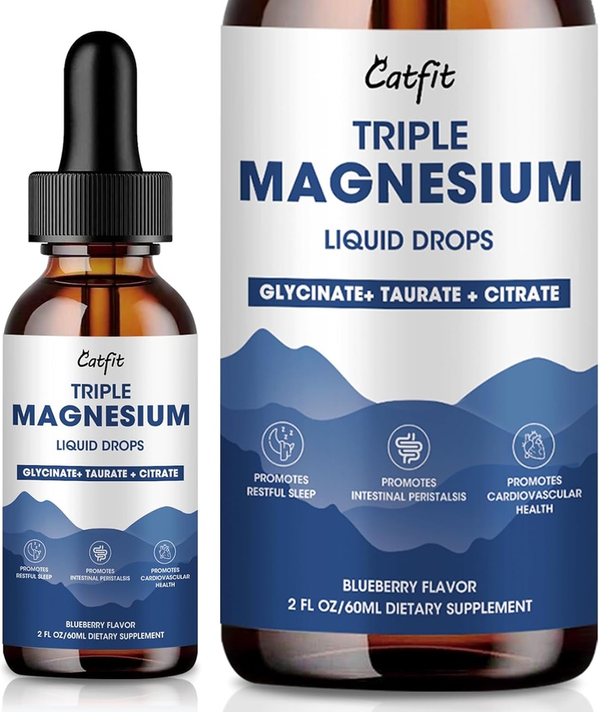 Glycinat de magnésium gouttes liquides avec Taurate et Citrate, supplément de magnésium pour le sommeil, le calme et la relaxation, avec potassium et oméga-3, formule d'absorption élevée, Blueberry Flavor, 2 Fl Oz