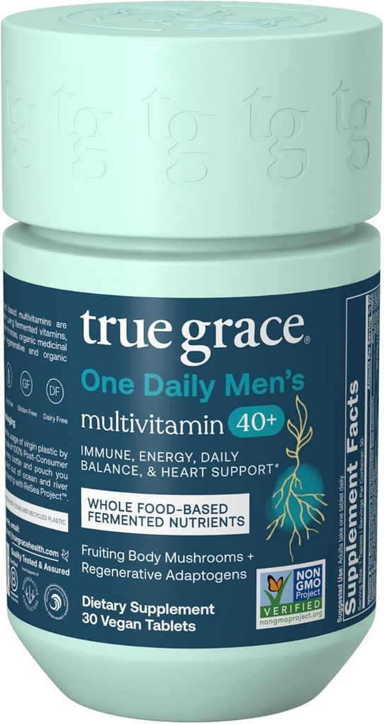 Vrai Grace Hommes 40+ Un supplément quotidien multivitamine fermenté minéraux, Adaptogènes organiques et champignons Immune d'équilibre corporel entier, Endurance, os et soutien cardiaque - Non-OGM - 30 comprimés végétaliens