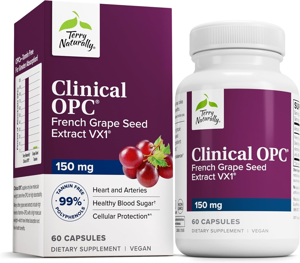 Terry Naturally Clinical OPC - Cardiovascular Health & Focus Support Supplement - Dietary Supplement with Grape Seed Extract & Sunflower Lecithin - Immune Support Supplement - 150 mg, 60 Softgels