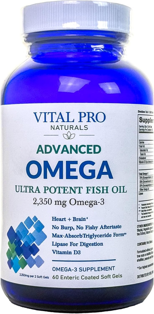 Vital Pro Naturals - Avancé Omega Wild Captured Norwegian Fish Oil avec 2350mg de supplément d'acide gras Omega 3 de haute puissance EPA DHA et DPA pour le cerveau et le cœur 60 Softgels (Packaging May Vary)