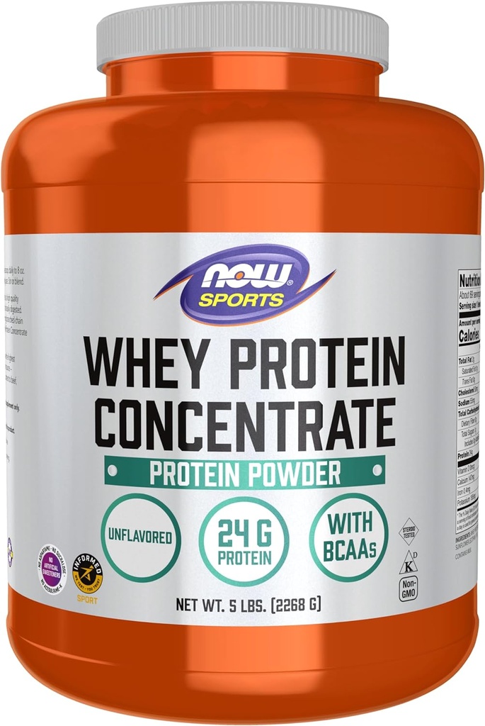 MAINTENANT Foods Sports Nutrition, Whey Protein Concentrate, 24 G Avec BCAAs, Poudre non aromatisée, 5-Pound