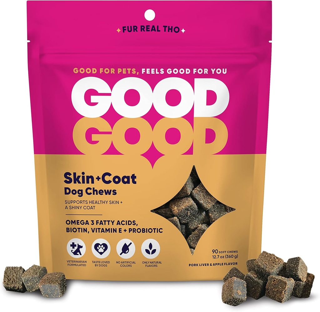 GoodGood Skin + Coat Dog Suppléments; Soutient une peau saine et un manteau brillant; Soin doux à croquer avec acides gras oméga-3, et vitamine E; Probiotiques; 90 Amandes de saveur naturelle
