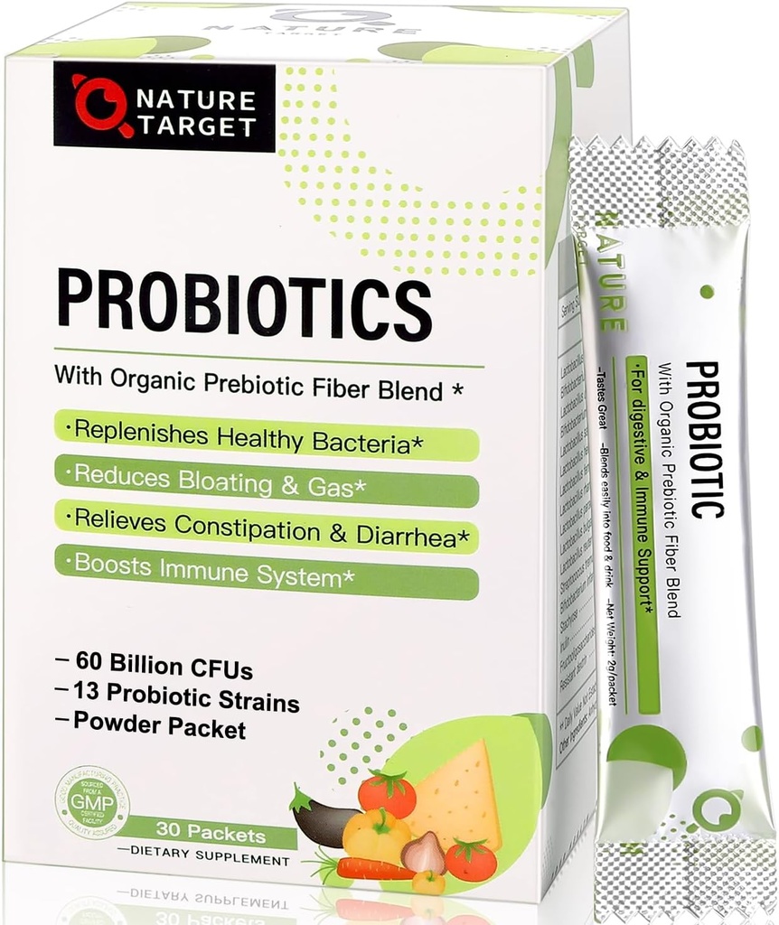 NATURE TARGET Probiotiques pour les femmes-hommes-enfants Probiotique poudre 60 milliards CFUs 13 souches - Prébiotiques et probiotiques pour la santé digestive, plateau stable, non-OGM, sans gluten 30 paquets