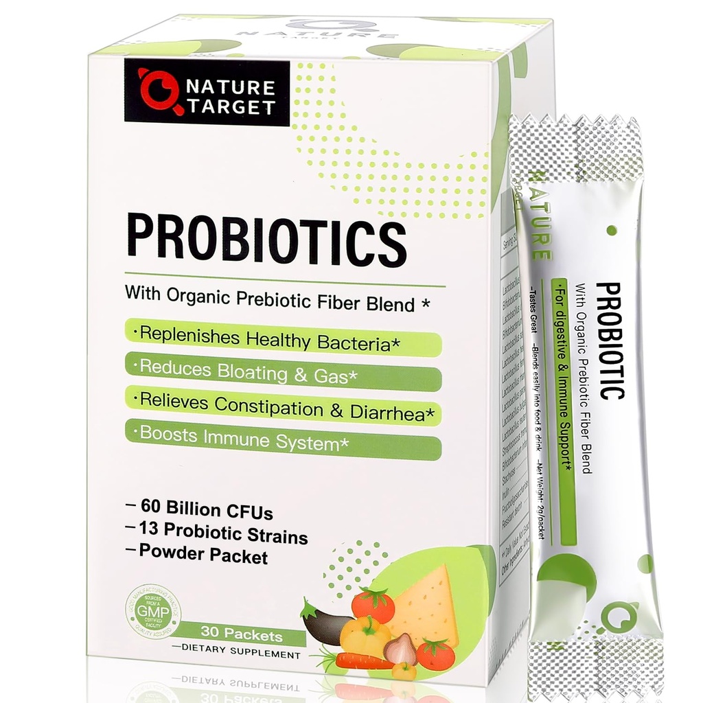 NATURE TARGET Probiotiques pour les femmes-hommes-enfants Probiotique poudre 60 milliards CFUs 13 souches - Prébiotiques et probiotiques pour la santé digestive, plateau stable, non-OGM, sans gluten 30 paquets