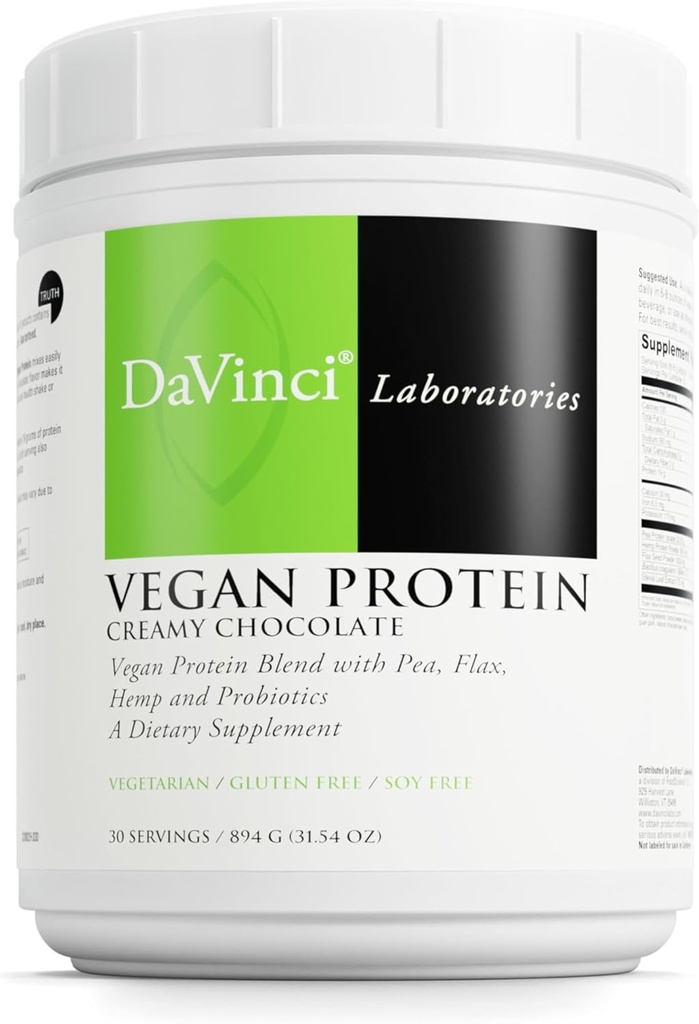 DAVINCI Labs Protein végétalien - Supplément en poudre soutient la réparation des muscles et tissus* - Supplément végétalien avec des protéines de pois et de lin - Chocolat crémeux, 30 portions (894 g)