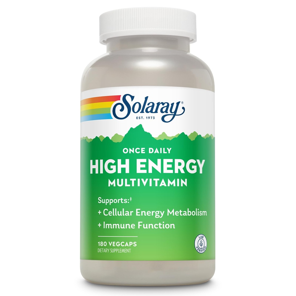 SOLARAY Une fois par jour Multivitamine à haute énergie pour les femmes et les hommes - Suppléments énergétiques - Immune Support avec Vitamine C, A, D et E, Complexe Vitamine B, Trace Minerals, Garantie de 60 jours, 180 Serv., 180 VegCaps