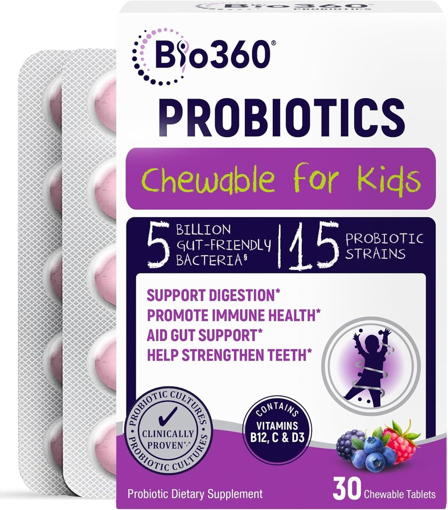 Bio360 Probiotiques pour les enfants - 15 souches et 5 milliards de CFU soutient la santé cérébrale, immunitaire et digestive - Probiotiques pour les enfants à croquer avec des prébiotiques biologiques pour le gut et la constipation, mélange de saveur de baie, 30 comtes