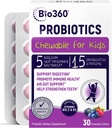 Bio360 Probiotiques pour les enfants - 15 souches et 5 milliards de CFU soutient la santé cérébrale, immunitaire et digestive - Probiotiques pour les enfants à croquer avec des prébiotiques biologiques pour le gut et la constipation, mélange de saveur de baie, 30 comtes