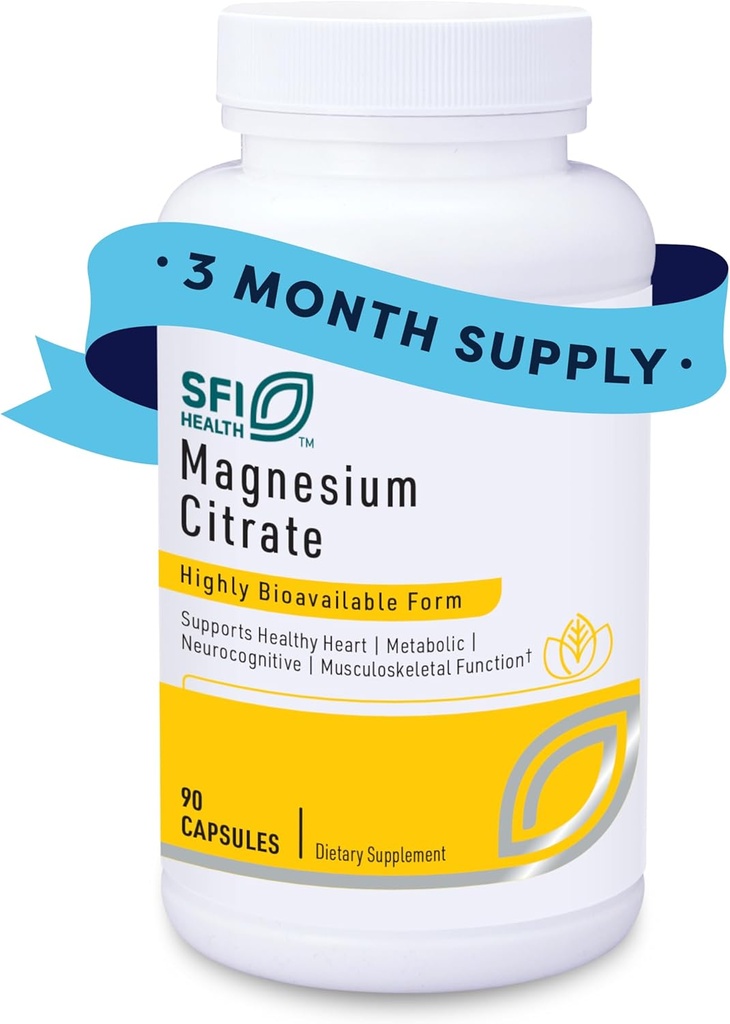Klaire Labs SFI Health Magnesium Citrate Supplement - Suppléments minéraux de magnésium hautement biodisponibles pour l'énergie saine, les muscles, les nerfs, les os et la cognition (90 capsules)