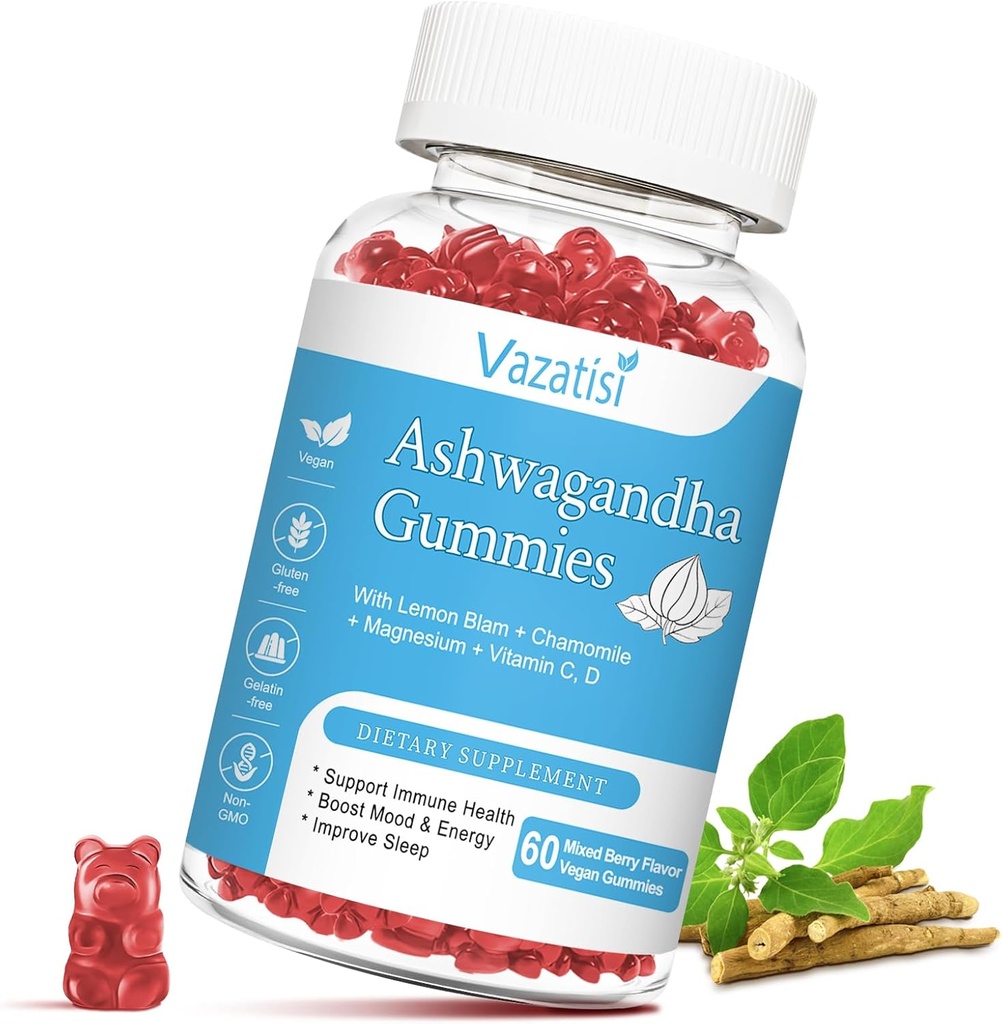 Sugar Free Ashwagandha Gummies for Women Men, Organic Ashwa Root Extract Supplement for Relax Restore Balance, Vegan Gluten Free, 60 Count