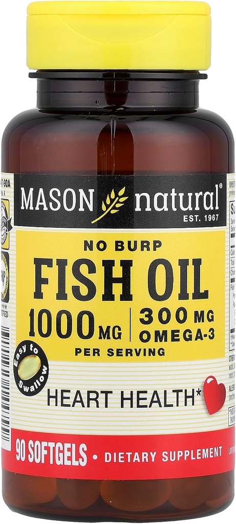 Huile de poisson 1000 Mg Pas de softgel Burp, par les vitamines Mason - 90 Ea