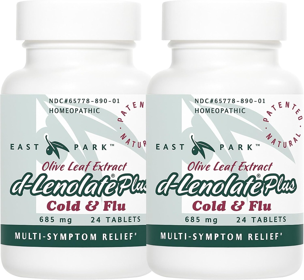 EAST PARK d-Lenolate Plus Cold & Flu Homeopathic Remedy for Adults & Kids | Immune System Booster with Olive Leaf Extract, Neem Leaf Extract & Echinacea | 625mg, 24 Tablets | Non-GMO (Pack of 2)